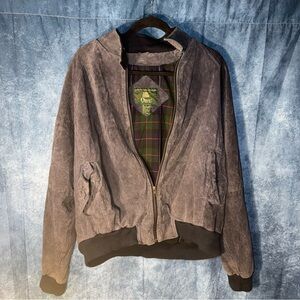 VTG Orvis Gray Leather Bomber Jacket Stand-Up Collar Zip Ribbed Accents Men's XL